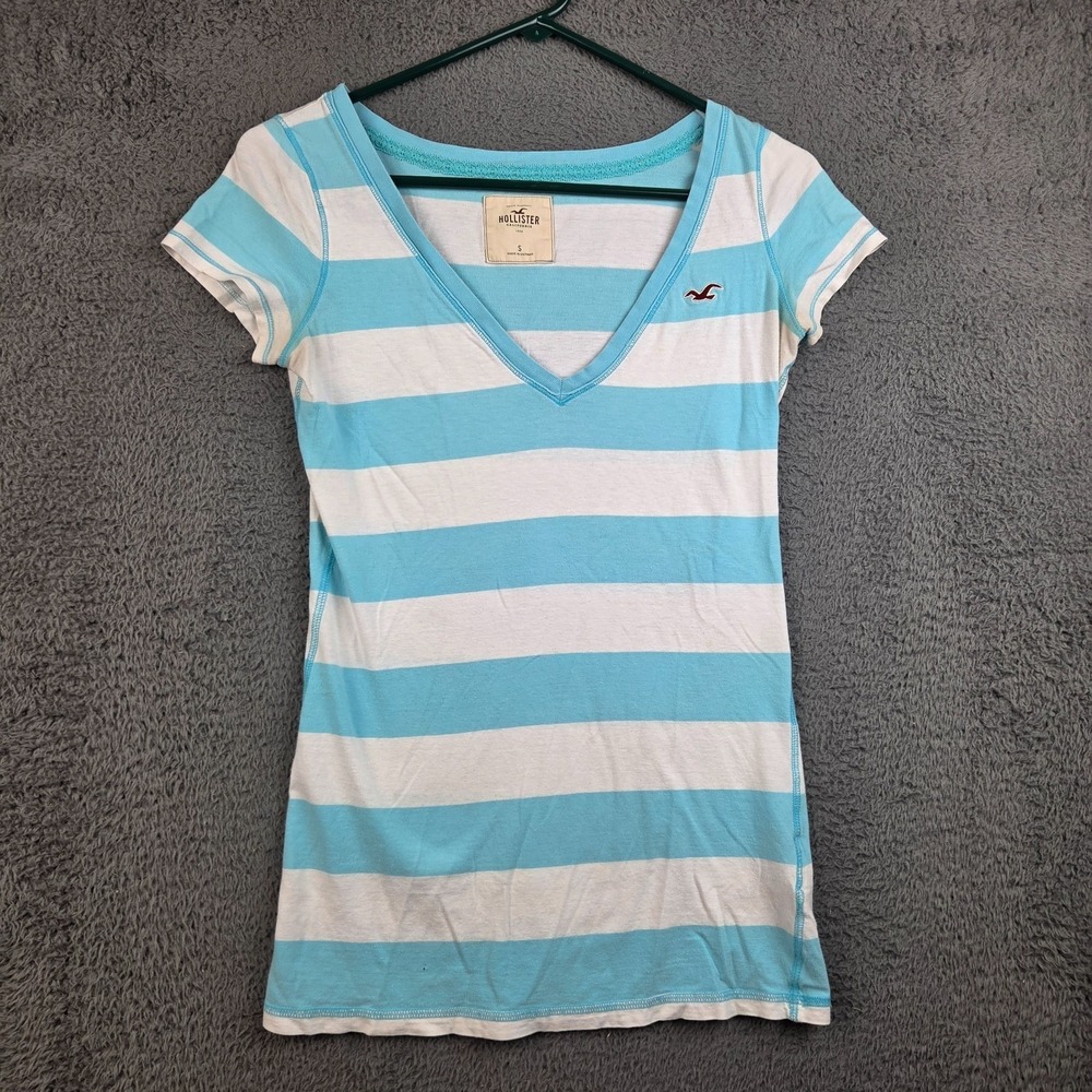 Y2K Hollister Shirt Womens Small V Neck Blue White Stripe Short Sleeve Baby Doll